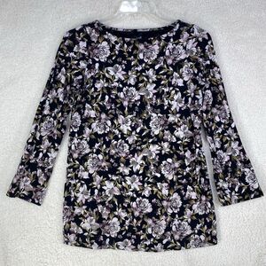 J. Jill Luxe Supima Tunic Womens Sz XS Black Floral Long Slit Sleeves Shirt Top